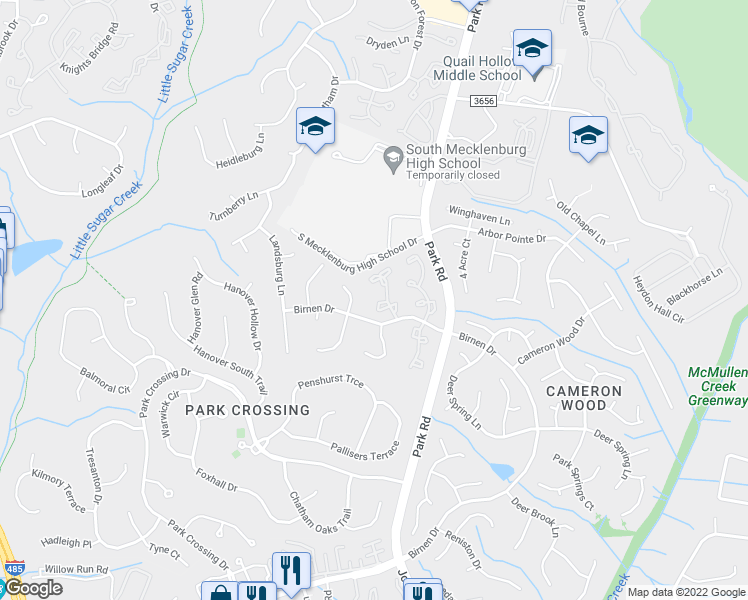 map of restaurants, bars, coffee shops, grocery stores, and more near 9218 Kings Canyon Drive in Charlotte