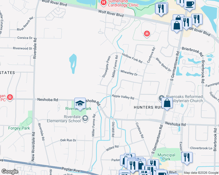 map of restaurants, bars, coffee shops, grocery stores, and more near 1580 Miller Farms Road in Germantown