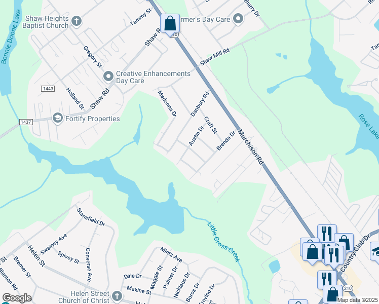 map of restaurants, bars, coffee shops, grocery stores, and more near 5049 Houston Road in Fayetteville