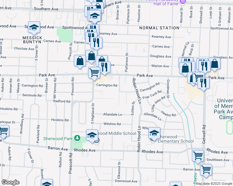 map of restaurants, bars, coffee shops, grocery stores, and more near 941 Parkhaven Lane in Memphis