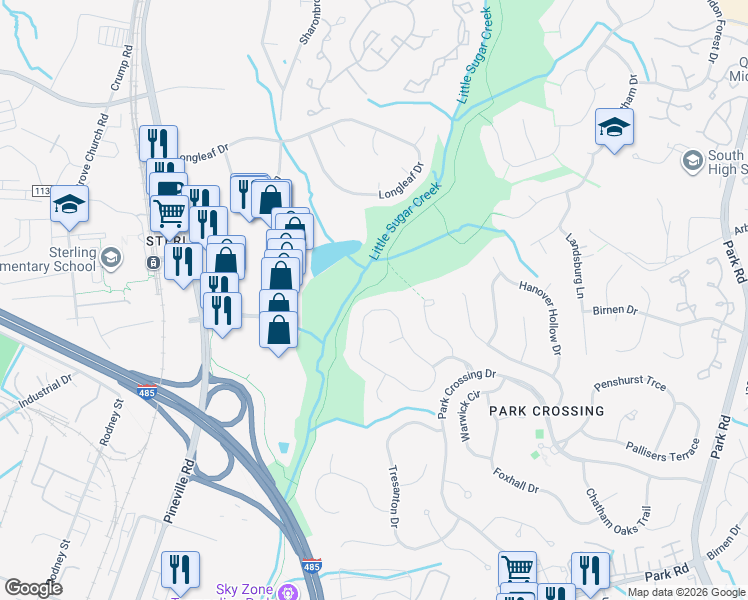 map of restaurants, bars, coffee shops, grocery stores, and more near 10233 Balmoral Circle in Charlotte