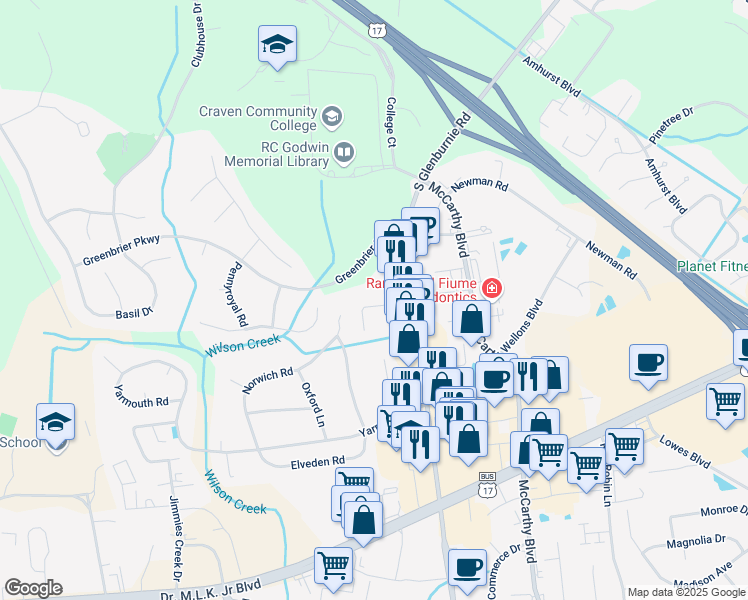 map of restaurants, bars, coffee shops, grocery stores, and more near 3506 Harvard Way in New Bern