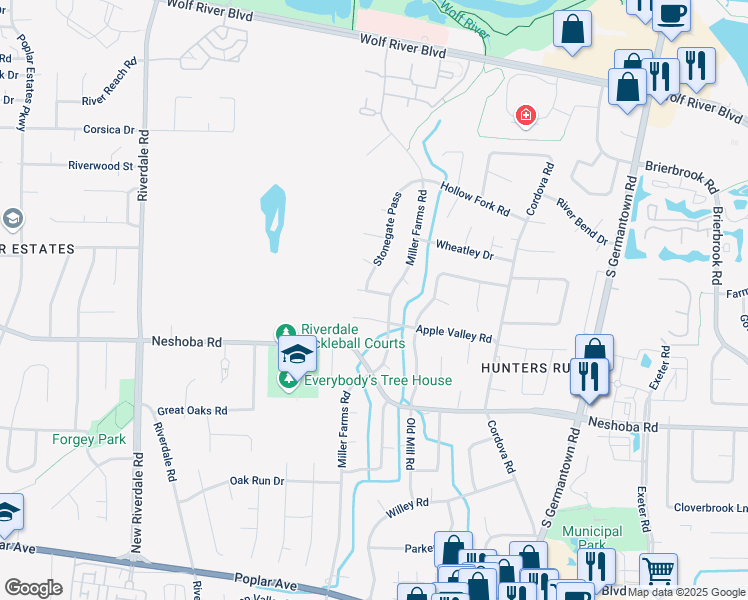 map of restaurants, bars, coffee shops, grocery stores, and more near 7475 Mill Run in Memphis