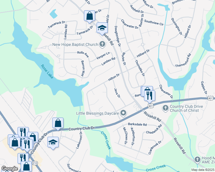 map of restaurants, bars, coffee shops, grocery stores, and more near 3464 McChoen Drive in Fayetteville