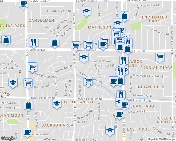 map of restaurants, bars, coffee shops, grocery stores, and more near 2012 Gretta Street Northeast in Albuquerque