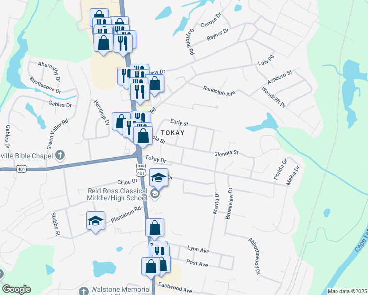 map of restaurants, bars, coffee shops, grocery stores, and more near 301 Glenola Street in Fayetteville