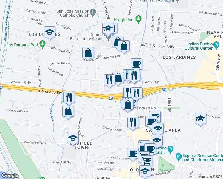 map of restaurants, bars, coffee shops, grocery stores, and more near 2527 Sarita Avenue Northwest in Albuquerque