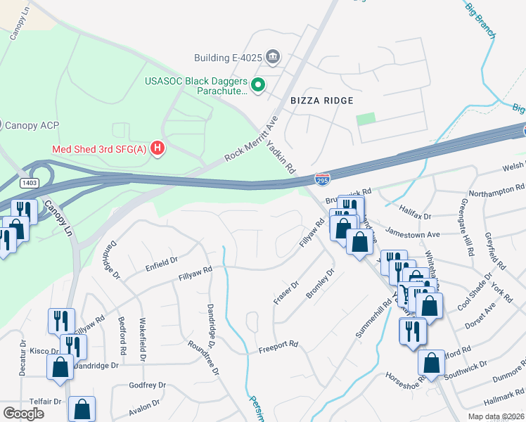 map of restaurants, bars, coffee shops, grocery stores, and more near 6448 Kelmscot Court in Fayetteville