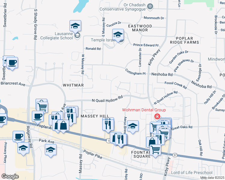 map of restaurants, bars, coffee shops, grocery stores, and more near 1586 Massey Pointe Lane in Memphis
