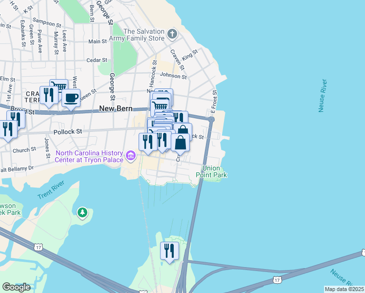 map of restaurants, bars, coffee shops, grocery stores, and more near 228 Craven Street in New Bern