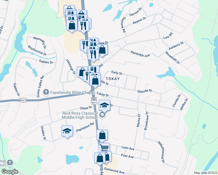 map of restaurants, bars, coffee shops, grocery stores, and more near 134 Glenola Street in Fayetteville