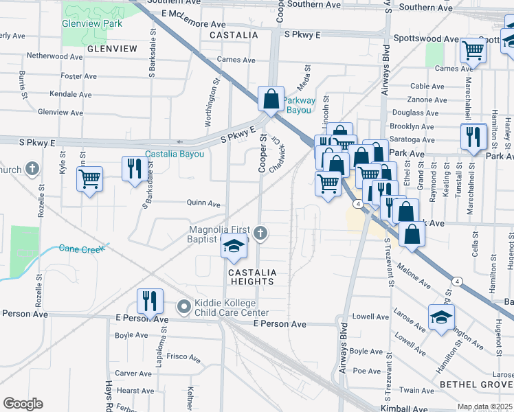 map of restaurants, bars, coffee shops, grocery stores, and more near 1453 Cooper Street in Memphis