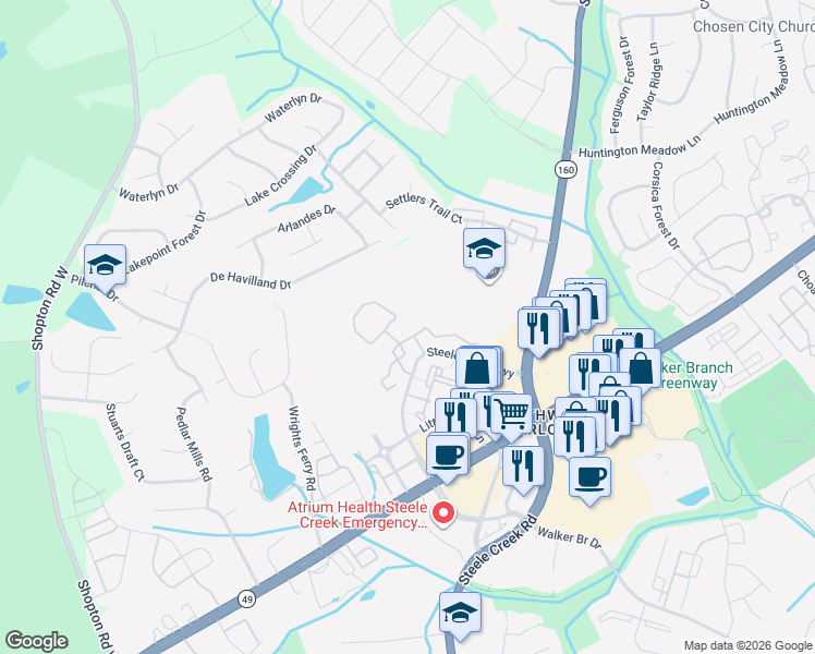 map of restaurants, bars, coffee shops, grocery stores, and more near 13900 Steelecroft Farm Lane in Charlotte