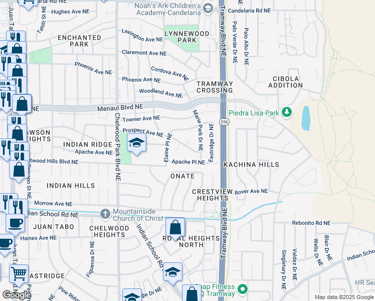 map of restaurants, bars, coffee shops, grocery stores, and more near 12531 Prospect Avenue Northeast in Albuquerque