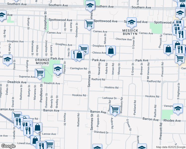map of restaurants, bars, coffee shops, grocery stores, and more near 3055 Seminole Road in Memphis
