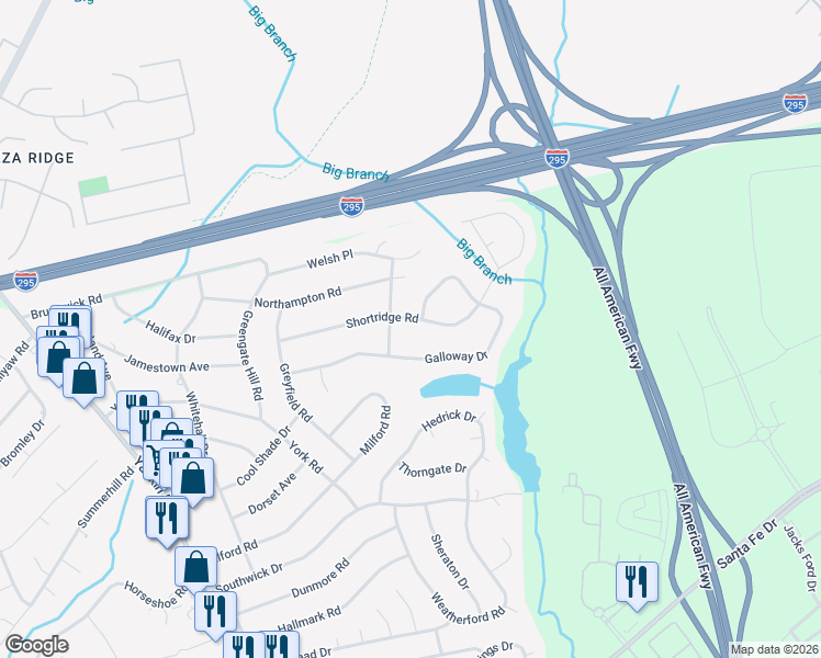 map of restaurants, bars, coffee shops, grocery stores, and more near 6412 Newcastle Road in Fayetteville