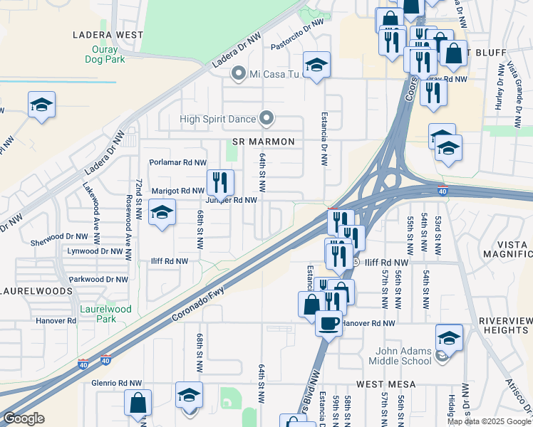 map of restaurants, bars, coffee shops, grocery stores, and more near 1920 Yarbrough Place Northwest in Albuquerque