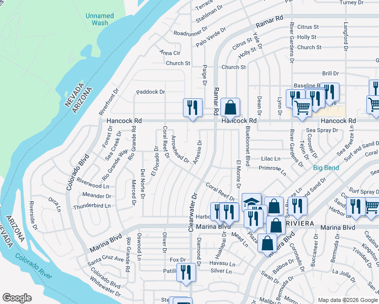 map of restaurants, bars, coffee shops, grocery stores, and more near 1815 Artesia Drive in Bullhead City
