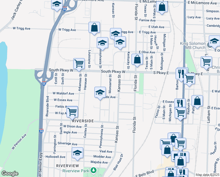 map of restaurants, bars, coffee shops, grocery stores, and more near 1525 Monsarrat Street in Memphis