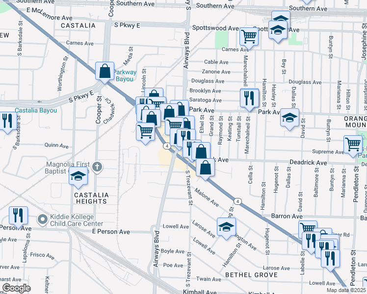 map of restaurants, bars, coffee shops, grocery stores, and more near 1452 South Trezevant Street in Memphis