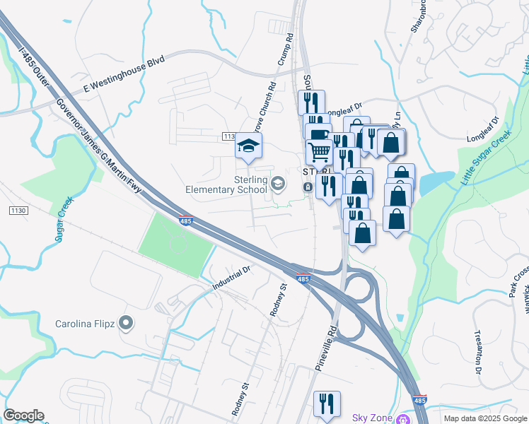 map of restaurants, bars, coffee shops, grocery stores, and more near 9725 China Grove Church Road in Pineville