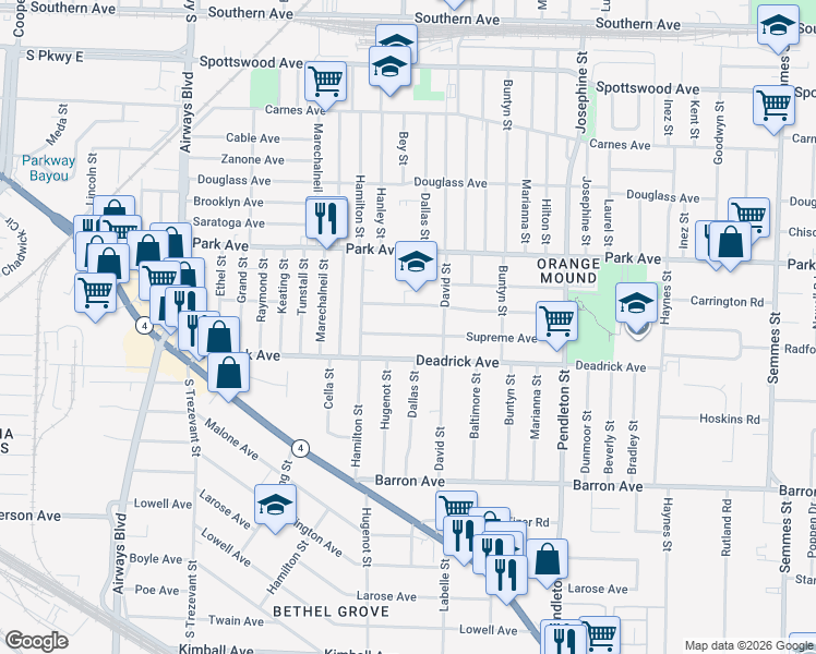 map of restaurants, bars, coffee shops, grocery stores, and more near 2592 Supreme Avenue in Memphis
