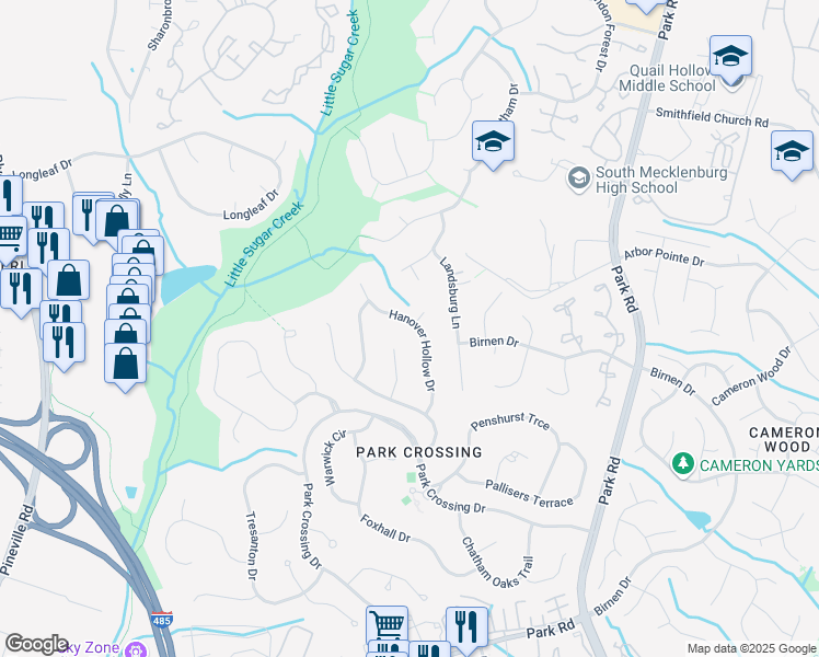 map of restaurants, bars, coffee shops, grocery stores, and more near 9940 Hanover Hollow Drive in Charlotte
