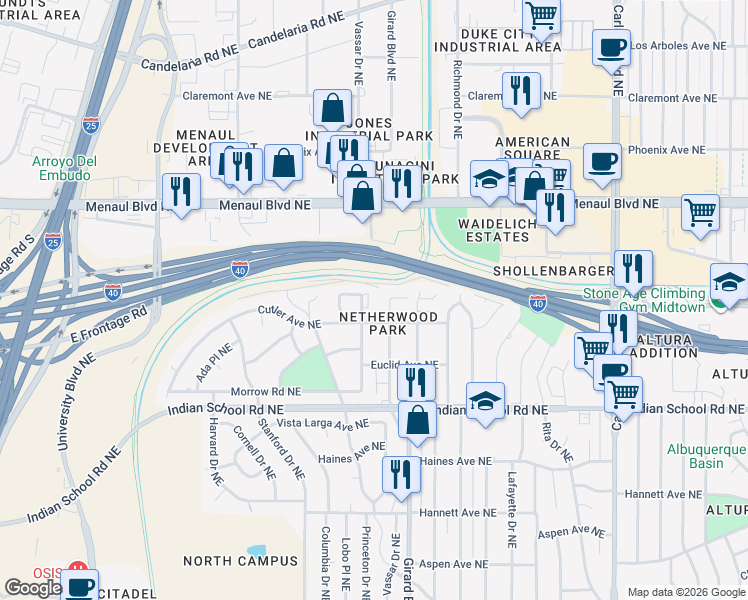 map of restaurants, bars, coffee shops, grocery stores, and more near 1921 Girard Boulevard Northeast in Albuquerque