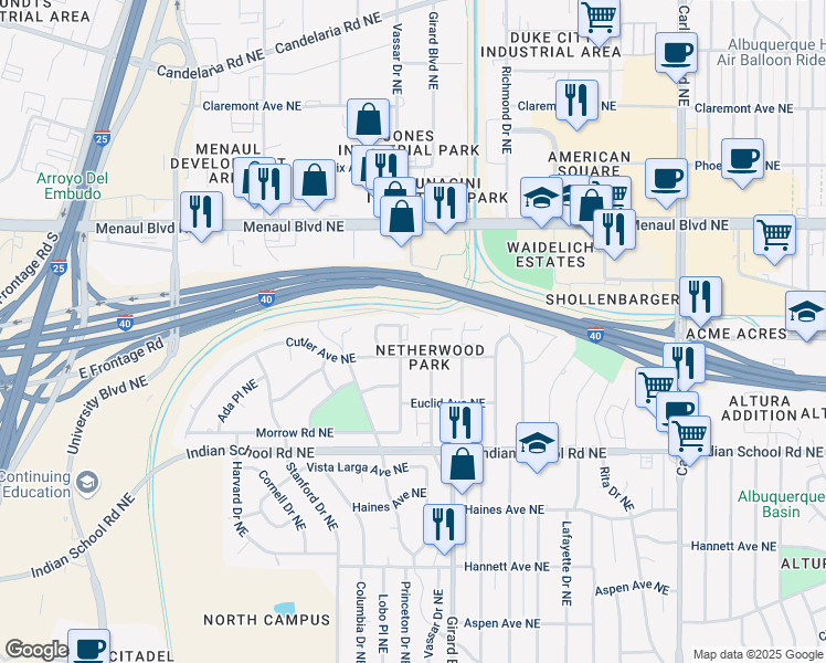 map of restaurants, bars, coffee shops, grocery stores, and more near 1921 Girard Boulevard Northeast in Albuquerque