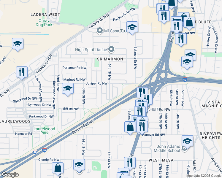 map of restaurants, bars, coffee shops, grocery stores, and more near 1920 Yarbrough Place Northwest in Albuquerque