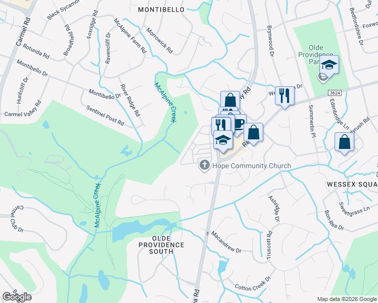 map of restaurants, bars, coffee shops, grocery stores, and more near 6533 Wakehurst Road in Charlotte