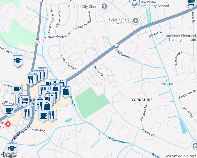 map of restaurants, bars, coffee shops, grocery stores, and more near 13733 Calloway Glen Drive in Charlotte