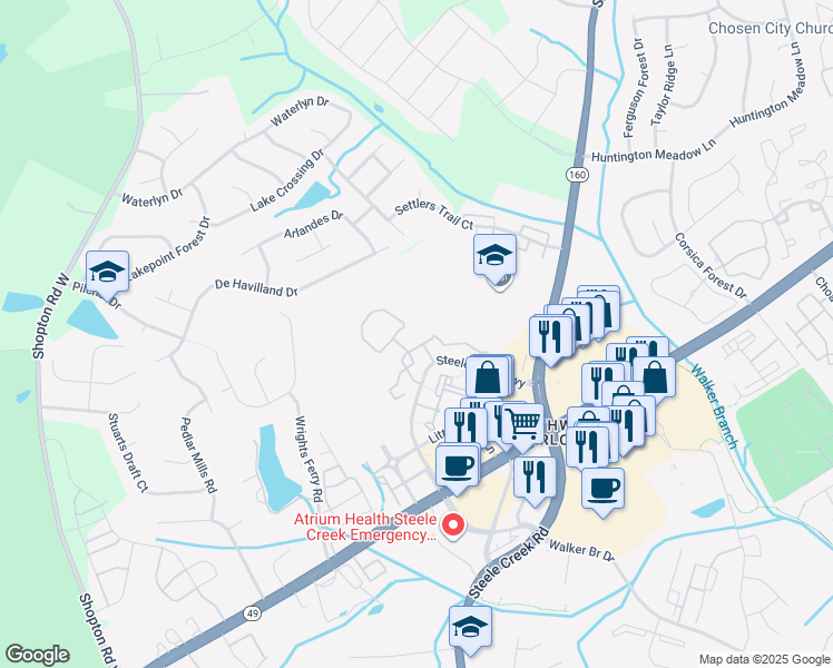 map of restaurants, bars, coffee shops, grocery stores, and more near 13900 Steelecroft Farm Lane in Charlotte
