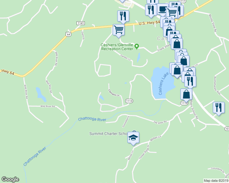map of restaurants, bars, coffee shops, grocery stores, and more near 192 Clematis Lane in Cashiers