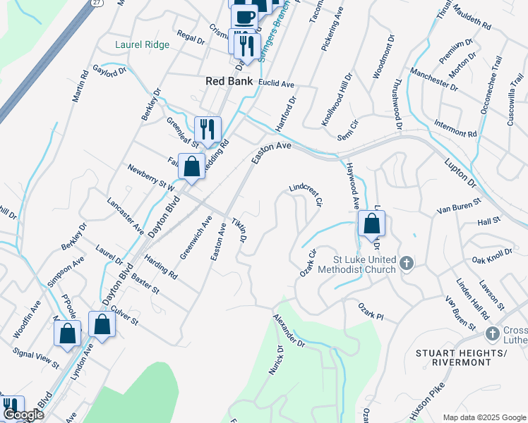 map of restaurants, bars, coffee shops, grocery stores, and more near 3216 Joselin Lane in Chattanooga