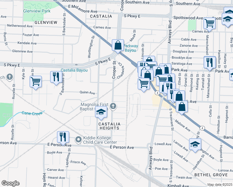 map of restaurants, bars, coffee shops, grocery stores, and more near 1453 Cooper Street in Memphis