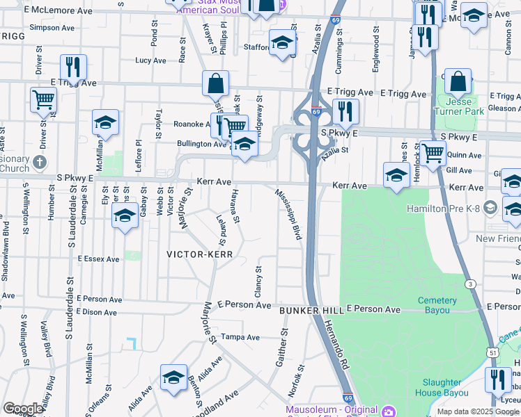 map of restaurants, bars, coffee shops, grocery stores, and more near 1493 Clancy Street in Memphis