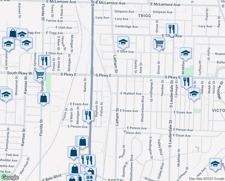 map of restaurants, bars, coffee shops, grocery stores, and more near 304 East Waldorf Avenue in Memphis