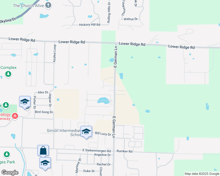 map of restaurants, bars, coffee shops, grocery stores, and more near 2111 East German Lane in Conway