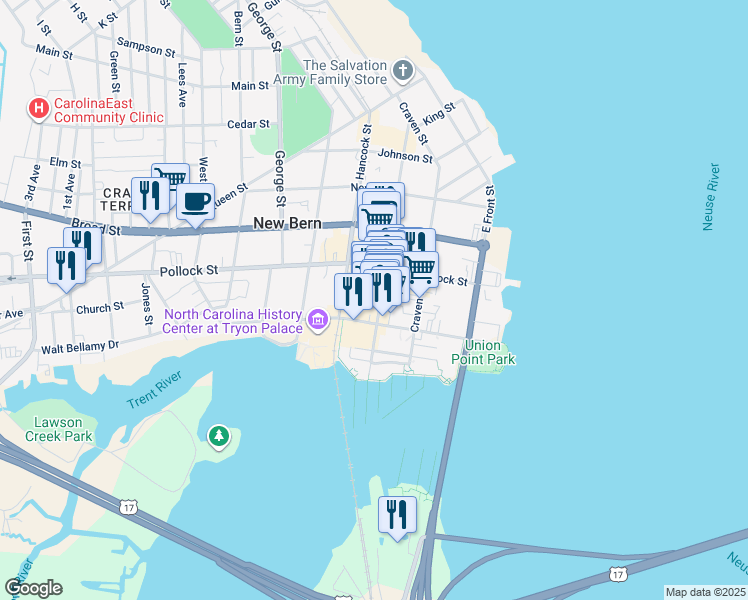 map of restaurants, bars, coffee shops, grocery stores, and more near 232 Middle Street in New Bern