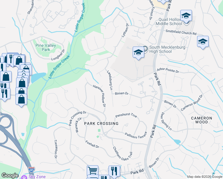 map of restaurants, bars, coffee shops, grocery stores, and more near Landsburg Lane in Charlotte