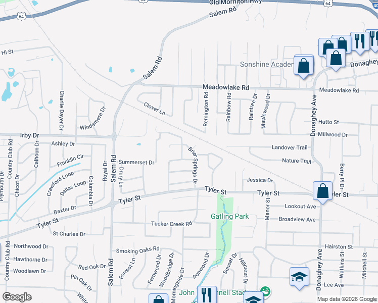 map of restaurants, bars, coffee shops, grocery stores, and more near 25 Brier Springs Drive in Conway