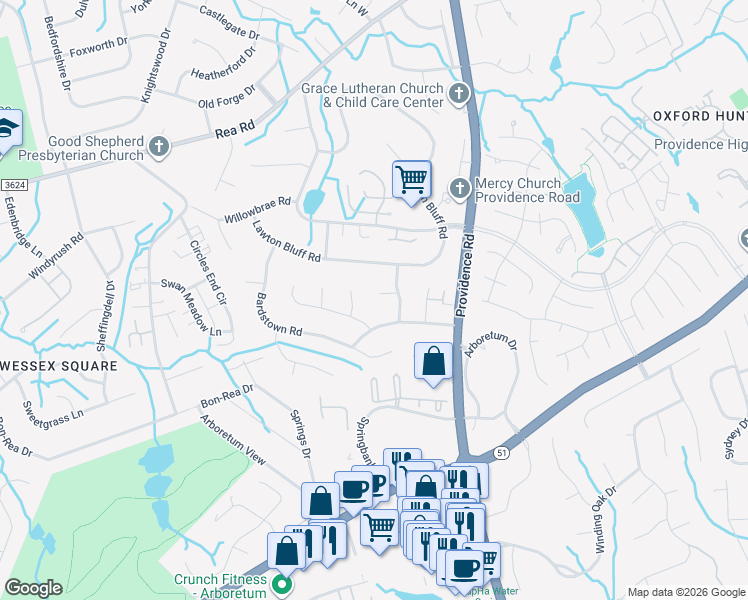 map of restaurants, bars, coffee shops, grocery stores, and more near 2002 Rockmore Lane in Charlotte