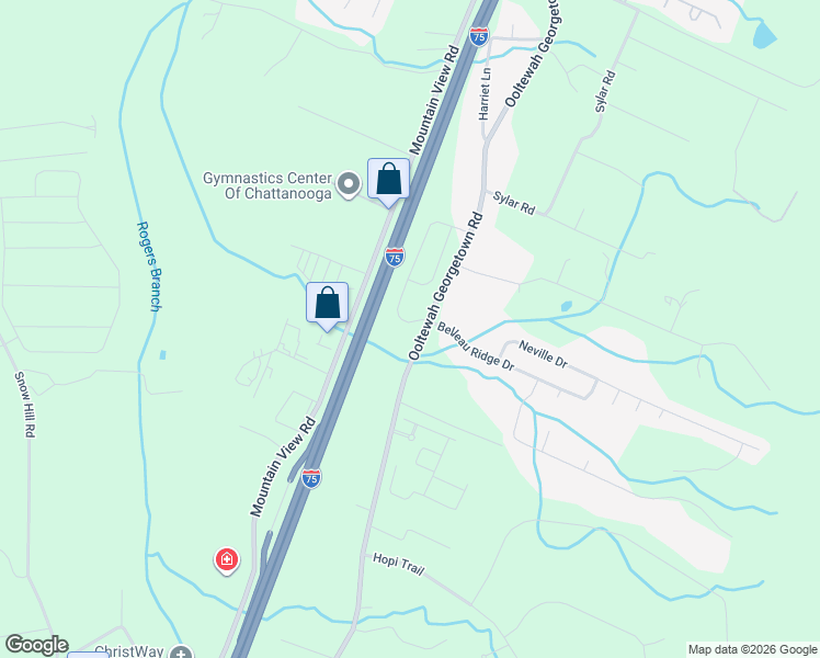 map of restaurants, bars, coffee shops, grocery stores, and more near 6725 Ooltewah Georgetown Road in Ooltewah