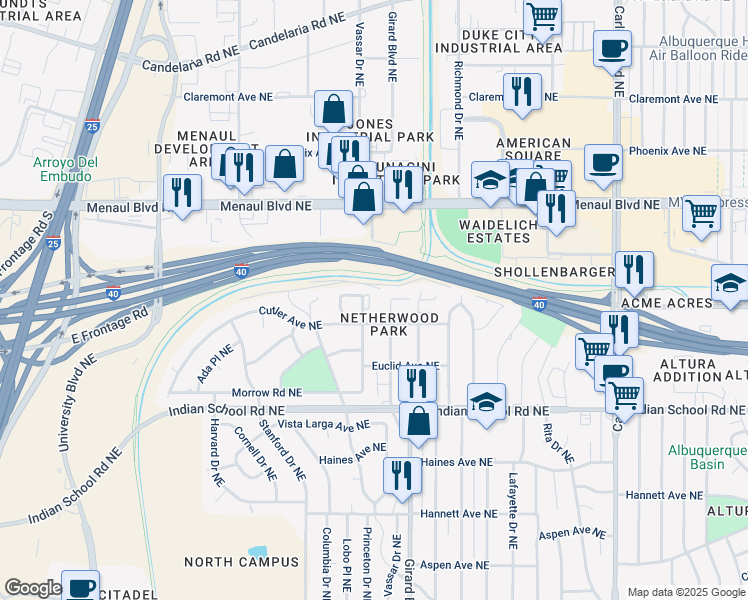 map of restaurants, bars, coffee shops, grocery stores, and more near 1920 Vassar Drive Northeast in Albuquerque