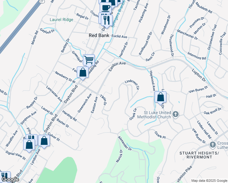 map of restaurants, bars, coffee shops, grocery stores, and more near 3216 Joselin Lane in Chattanooga