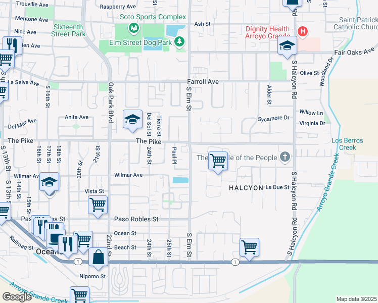 map of restaurants, bars, coffee shops, grocery stores, and more near 715 South Elm Street in Arroyo Grande