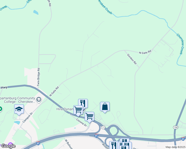 map of restaurants, bars, coffee shops, grocery stores, and more near 340 North Gate Road in Gaffney