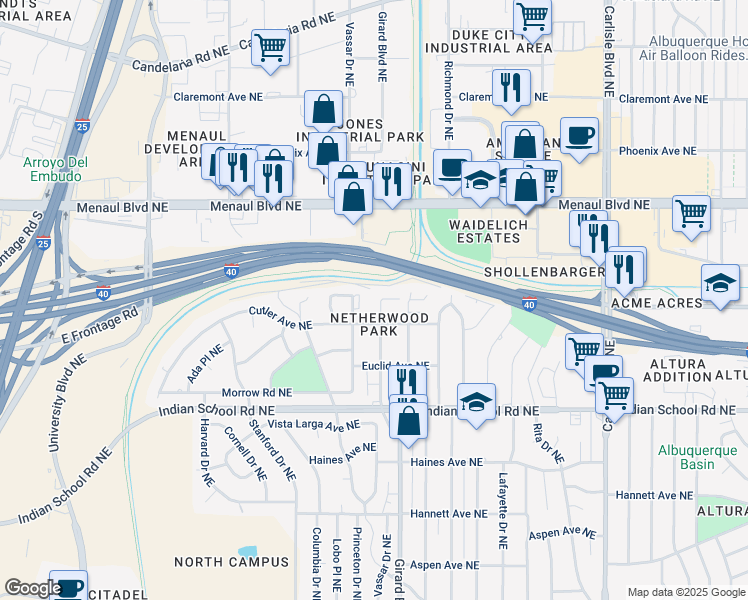 map of restaurants, bars, coffee shops, grocery stores, and more near 1921 Girard Boulevard Northeast in Albuquerque