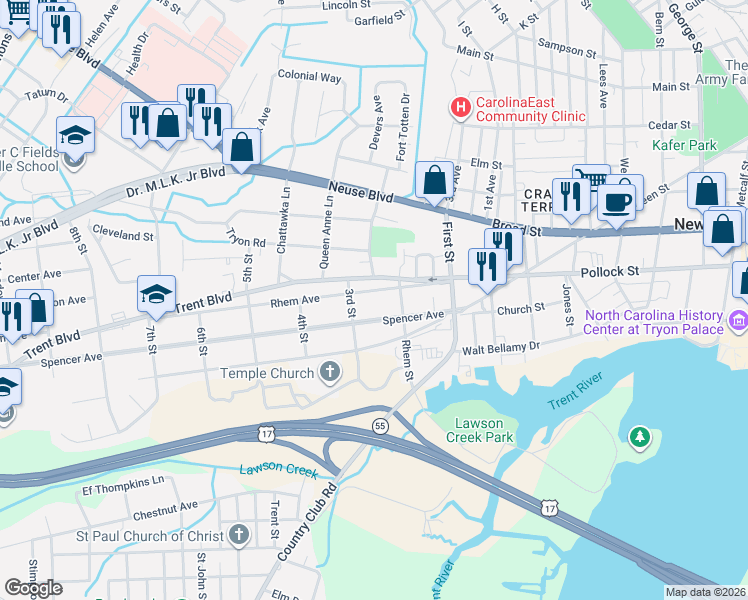 map of restaurants, bars, coffee shops, grocery stores, and more near 1407 Rhem Avenue in New Bern